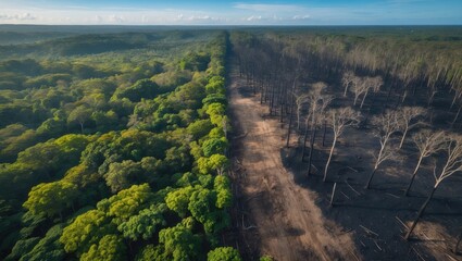 Aerial view of the Amazon rainforest showing illegal deforestation with trees cut and burned for agricultural and cattle pasture land. Ecology, environment, global warming, CO2.