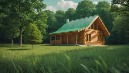 Fototapeta premium Horizontal image of wooden house in green forest. Advantages and disadvantages of wooden house and real estate concept.