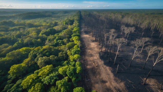 Aerial view of the Amazon rainforest showing illegal deforestation with trees cut and burned for agricultural and cattle pasture land. Ecology, environment, global warming, CO2.