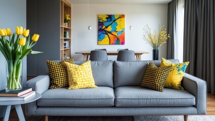 Interior of a contemporary room featuring a cozy sofa and a table adorned with spring flowers.