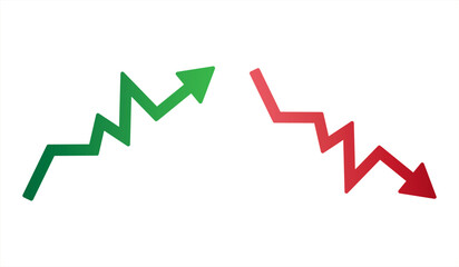 Graph going Up and Down sign with green and red arrows vector. Flat design vector illustration concept of sales bar chart symbol icon with arrow moving down and sales bar chart with arrow moving up.