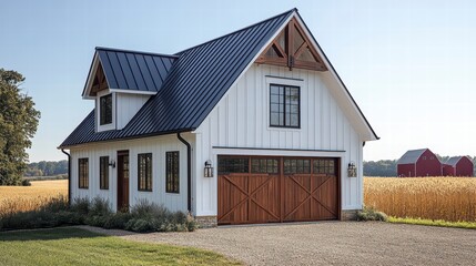 Fototapeta premium Rural Charm: A quaint barn style house, a fusion of rustic and modern design set in an idyllic rural landscape. Its warm wooden accents and inviting facade evokes the charm of countryside living.