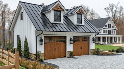 Obraz premium Charming Home: A beautifully designed modern residence showcasing architectural details. The house has a stylish two-car garage and dormer windows, combining functionality with aesthetic appeal.