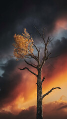 Obraz premium Dead tree with one golden branch against a fiery sunset sky, showcasing resilience, hope, or survival amidst adversity