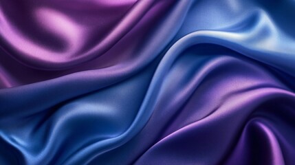 A close-up of luxurious, flowing silk fabric in shades of purple and blue, showcasing its smooth texture and vibrant colors.