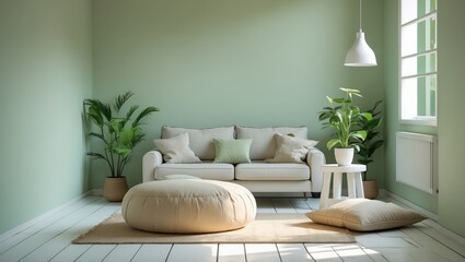 Stylish living room featuring a cozy pouf, coffee table, houseplant, and white pendant lamp.