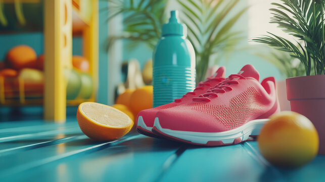 Fitness Still Life. Still life featuring fitness essentials, including bright pink running shoes, fresh oranges, and a water bottle for a healthy lifestyle.