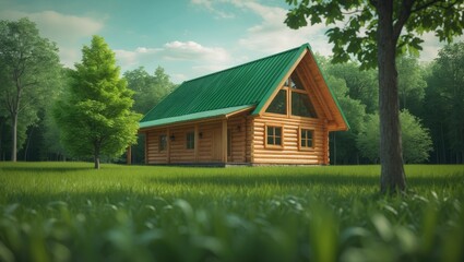 Obraz premium Horizontal image of wooden house in lush forest. Advantages and disadvantages of wooden house and real estate idea.