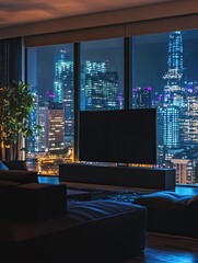 Luxurious penthouse living with panoramic cityscape views at twilight
