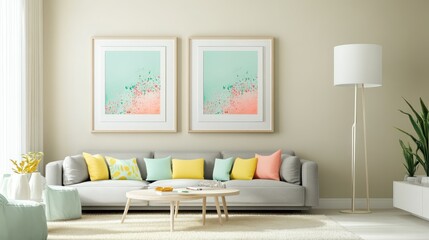 A spacious living room with two framed prints in shades of mint green and coral above a contemporary grey sofa