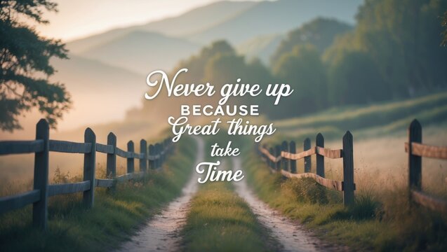 Inspirational motivating quote "Never give up because great things take time" displayed on a soft-focus background.
