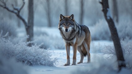Naklejka premium Eurasian wolf in untouched snow, looking ahead with intense eyes, radiating wild beauty, strength, and resilience in its natural winter environment.