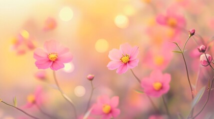 Obraz premium A soft, dreamy scene featuring delicate pink flowers against a warm, glowing background, evoking feelings of tranquility and beauty.