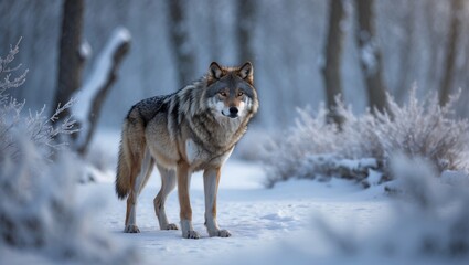 Fototapeta premium Eurasian wolf in untouched snow, looking ahead with intense eyes, embodying wild beauty, strength, and resilience in its natural winter environment.