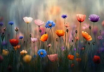 Obraz premium A Colorful Meadow Full of Vibrant Wildflowers in Bloom under Soft Natural Light Captured in a Serene and Peaceful Outdoor Environment