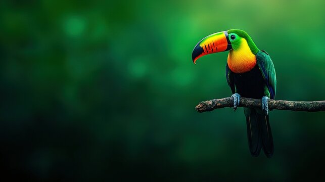   A bird in a vibrant shade, perched on a leafy twig against a dark backdrop, with a toucan adjacent in hues of red, yellow, and green