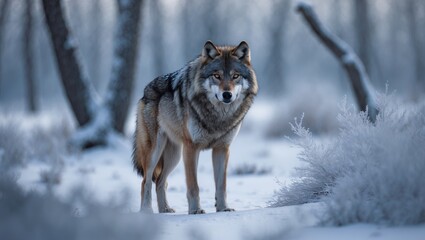 Fototapeta premium Eurasian wolf in untouched snow, looking ahead with intense eyes, radiating wild beauty, strength, and resilience in its natural winter environment.