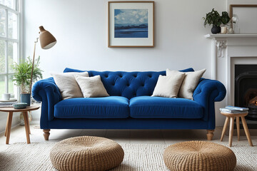 Stylish Living Room Arrangement Highlighting a Deep Blue Velvet Sofa, Accented by Light-Colored Throw Pillows and a Matching Area Rug, Providing a Luxurious and Harmonious Setting for Modern Interiors
