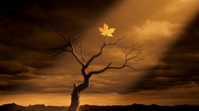 Single golden maple leaf on a barren tree against a dramatic sunset sky, symbolizing hope, resilience, and the beauty of nature's endurance
