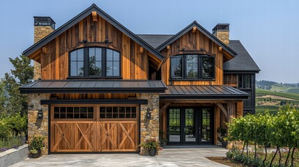 Rustic Charm: A detailed exterior view of a beautiful rustic house, showcasing natural wood elements, a stone facade, and a vineyard backdrop