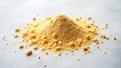 Pile of crushed biscuits and cookie crumbs on a light gray background. Grinded biscuits for base.