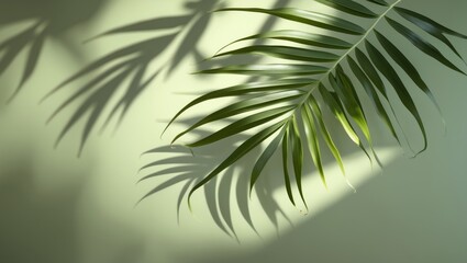 Obraz premium Palm leaf shadow on a green wall backdrop. Olive-colored fashionable flat lay featuring trendy shadow and sunlight.