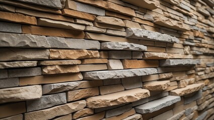 Stone cladding wall composed of striped stacked slabs of natural rock. Panels for the exterior.