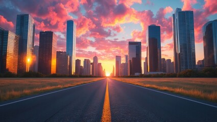 Fototapeta premium Straight asphalt highway with contemporary city skyscrapers at dawn