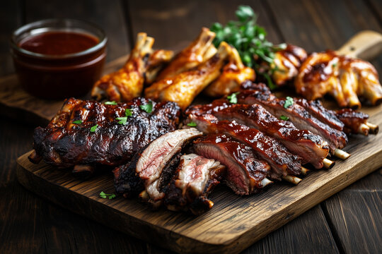 Meat platter with marinated ribs, chicken wings, steak slices, and barbecue sauce