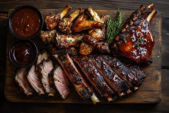 Meat platter with marinated ribs, chicken wings, steak slices, and barbecue sauce