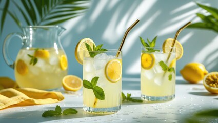 Fototapeta premium A revitalizing summer beverage or alcoholic cocktail featuring passion fruit, ice, and lemon on a sunny day. A fresh, healthy cold lemonade drink. Sparkling water with lemon.