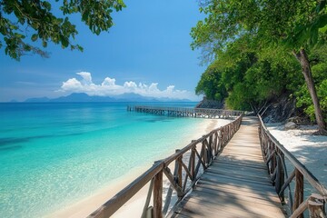 Obraz premium Tropical beach with a wooden pier extending over clear blue water