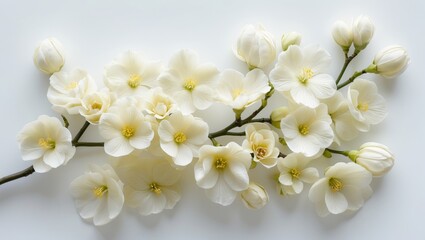 Fototapeta premium Closeup of a bunch of orange tree flowers isolated on a white background. Macro of white citrus tree blooms.