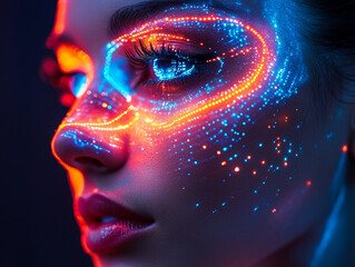 Illuminated face art with vibrant colors at night event