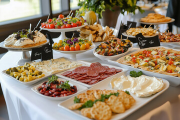 A table set with platters of assorted cheeses, cured meats, fresh vegetables with dips, mini pies, and crispy flatbreads. 