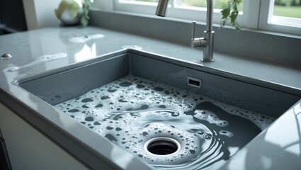 Overflowing kitchen sink, blocked drain, plumbing issues, attempting to unclog.