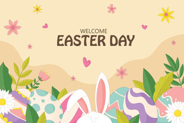 Cheerful Easter-themed illustration featuring decorated eggs, lush greenery, and blooming flowers. Bunny ears peek out from the bottom, with "Welcome Easter Day" displayed in bold text against.