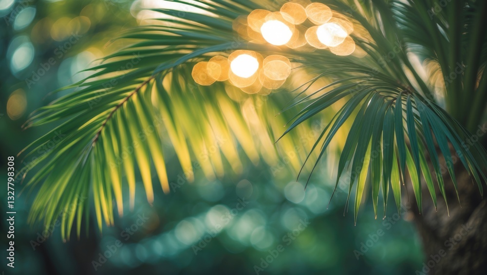 Poster blurred palm leaf tree with bokeh sunlight creating an abstract textured background. ecology and env