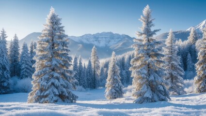 Stunning snow-covered conifers enveloped in hoarfrost on a chilly day. Discover the beauty of Earth.