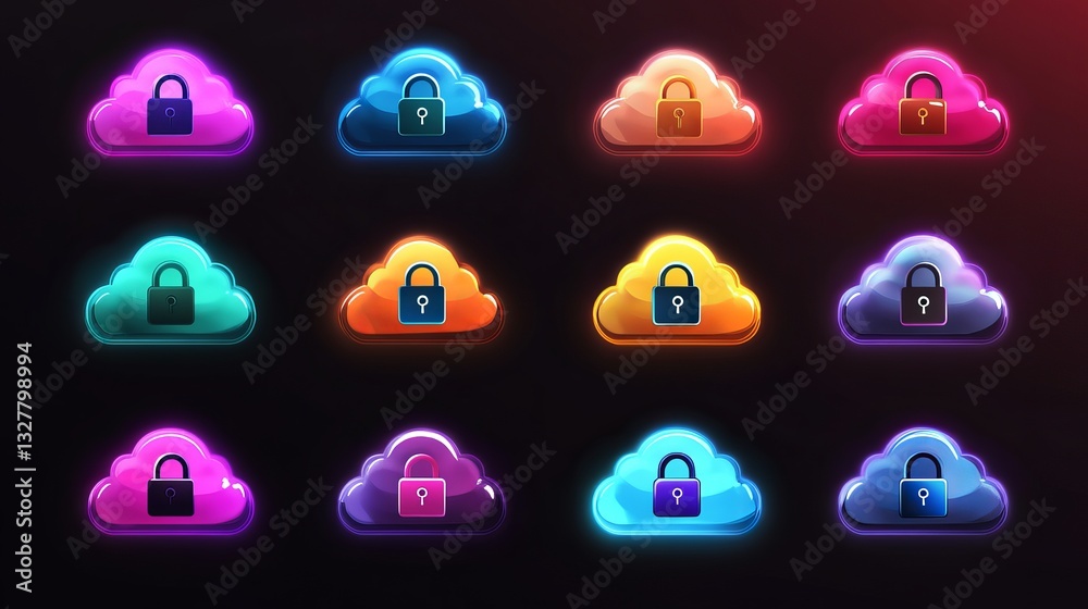 Poster vibrant neon cloud security icons set digital art graphic design elements for web application interf