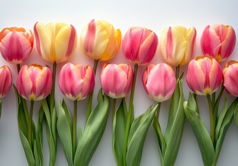 Obraz premium Beautiful Arrangement of Colorful Tulips in Pink, Yellow, and White on a Light Background Showcasing Spring Blooms and Freshness