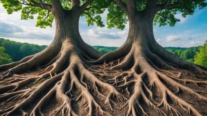 Strong partnership and foundation as a business idea of stability and loyalty, featuring two trees with intertwined roots that symbolize agreement and the merging of forces for success.