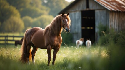 Fototapeta premium Photo of a majestic brown horse elegantly positioned in tall grass next to a structure.