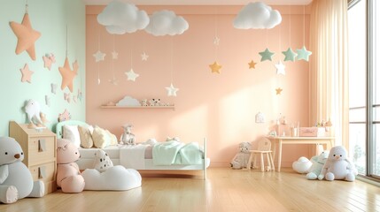 A stylish children's room with soft mint and pastel peach walls