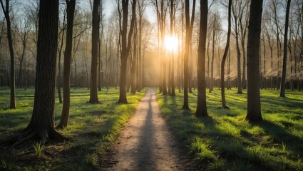 Fototapeta premium Sunlight filtering through trees onto a path in a spring, beech tree forest.