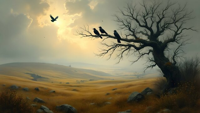 English Moor with blackbirds 