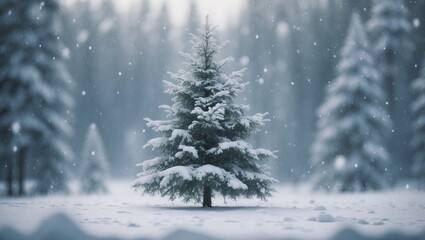 Fototapeta premium Outdoor image of a charming small fir tree surrounded by deep snow.