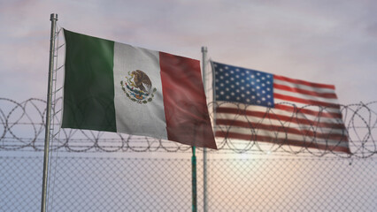 Mexico and USA waving flags with barbed wire border