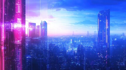 Obraz premium Futuristic cityscape illuminated with glowing towers and vibrant skyline colors