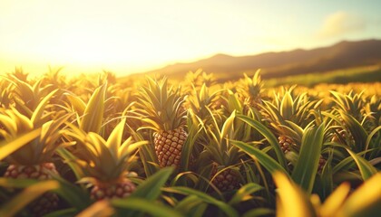Pineapple Field at Sunset with Lush Greenery and Distant Mountains